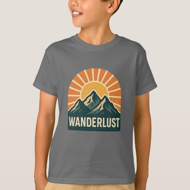Wanderlust Retro Blue Mountain Sunrise Kids Nature T-Shirt (Front)
