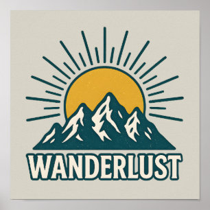 Wanderlust Retro Teal Mountain Sunrise Hiking Art Poster