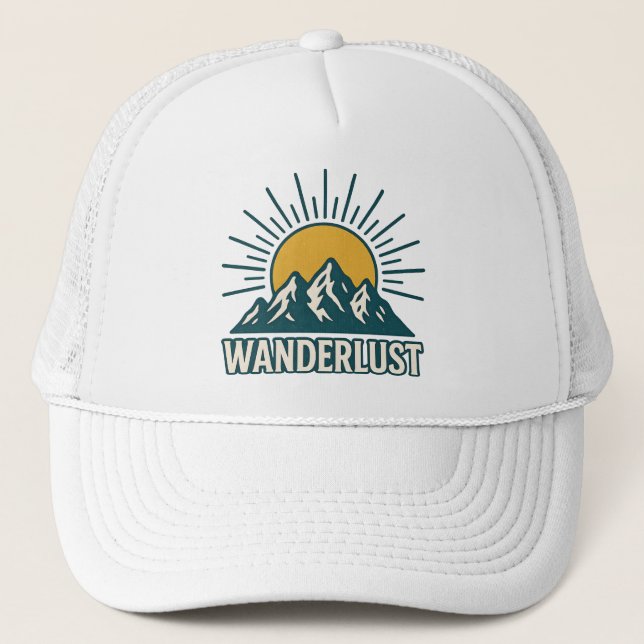 Wanderlust Retro Teal Mountain Sunrise | Hiking Trucker Hat (Front)