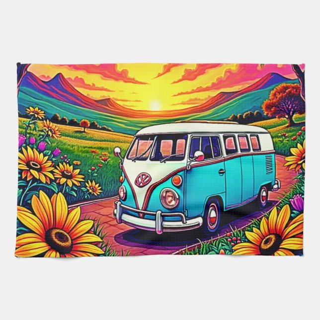 Wanderlust Van Sunset Art Tea Towel (Horizontal)