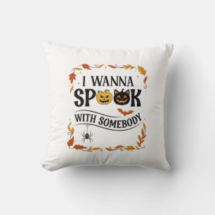 Wanna Spook Somebody Halloween Pumpkins Spider Bat Cushion
