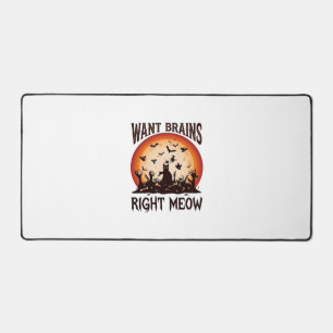 Want Brains Right Meow Halloween Black Cat Orange Desk Mat