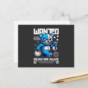 Wanted Bandit Bear Art Postcard - Quirky Blue Bear
