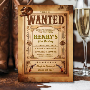 Wanted Birthday Invitation, Country Western Adult Invitation