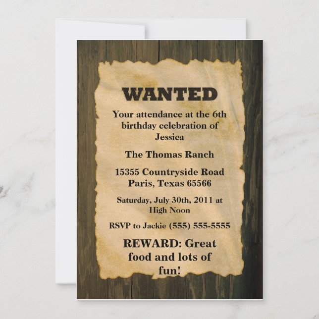 WANTED Birthday Party Invitation (Front)