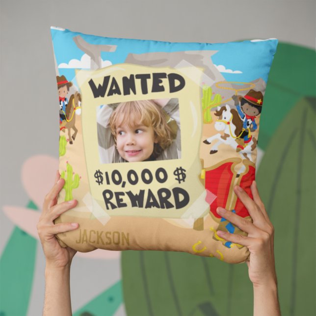 Wanted Cowboy with Photo and Name, Little Boy Cushion (Creator Uploaded)