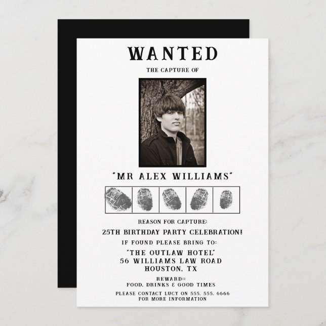 "Wanted" Photo Birthday Party Invitation (Front/Back)