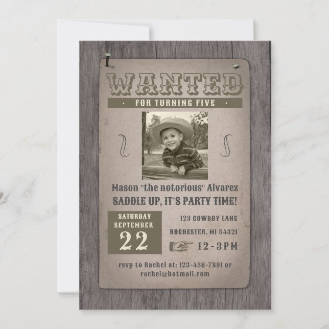 wanted poster cowboy birthday invitation (Front)