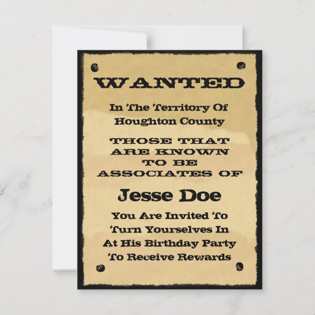 Wanted Poster Invitations Fun Western Cowboy Party (Front)