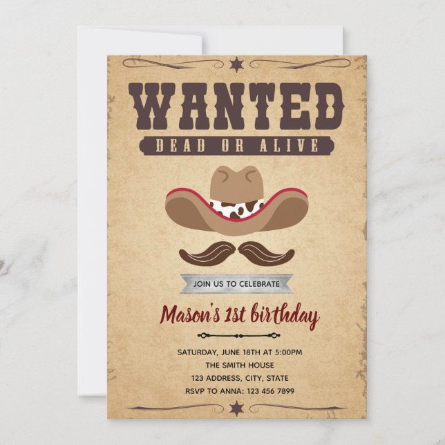 Wanted rodeo birthday party theme invitation (Front)