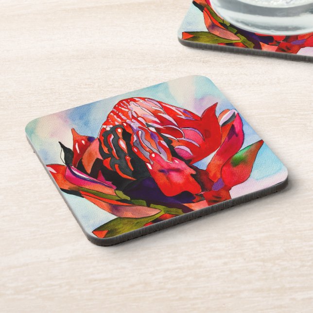 Waratah Australian native flower watercolor Coaster (Left Side)