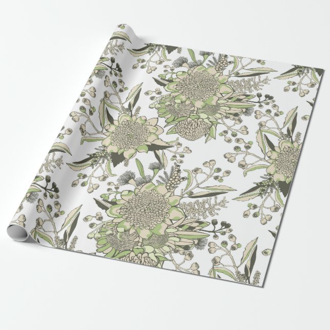 Waratah & Gumnut Eucalyptus - Green And White Wrapping Paper (Unrolled)