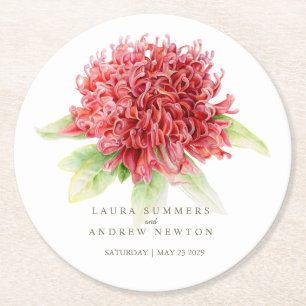 Waratah Wedding Botanical Watercolor red and green Round Paper Coaster