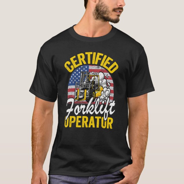 Warehouse American Flag Forklift Certified Forklif T-Shirt (Front)