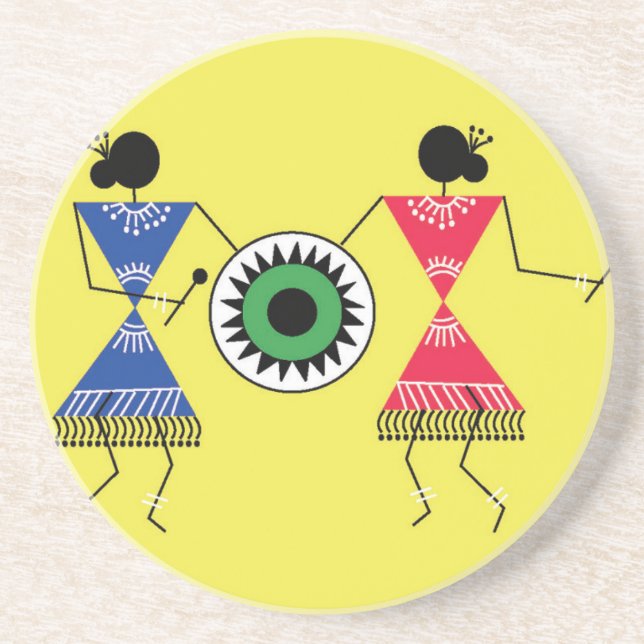 Warli art design ceramic ornament coaster (Front)