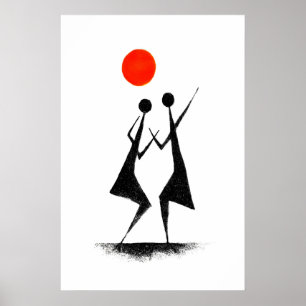 Warli Folk Art Print Minimalist Dance Scene