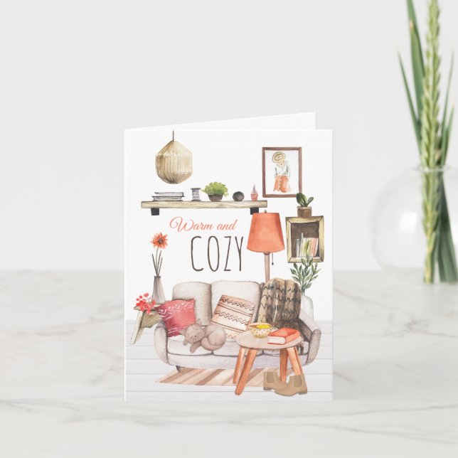 Warm and Cozy Hygge Homely Lounge Scene White Card (Front)