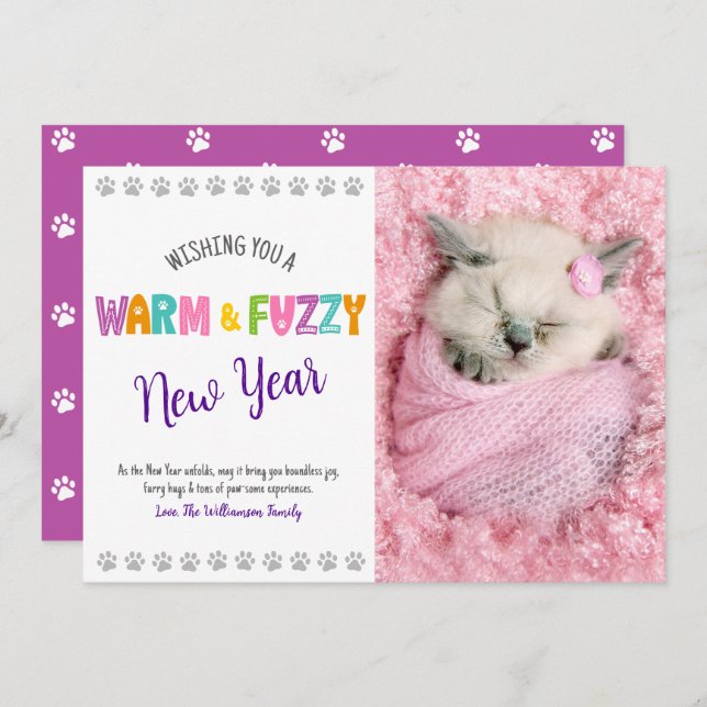 Warm and Fuzzy New Year Pet Photo Cute Typography Holiday Card (Front/Back)