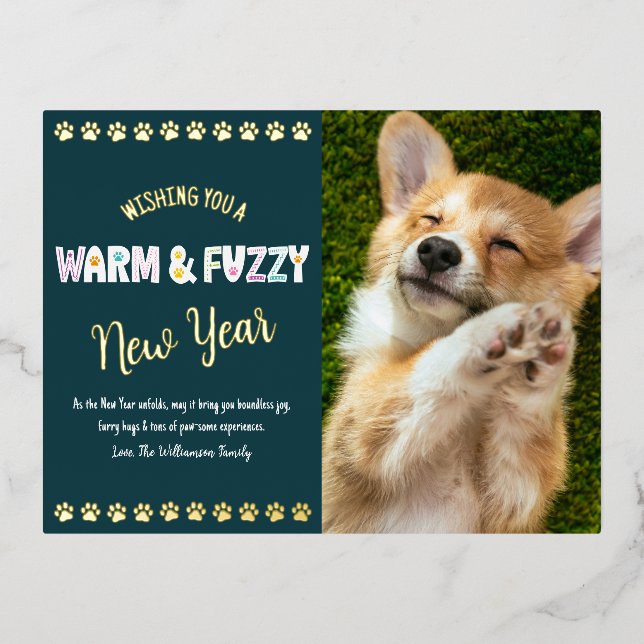 Warm and Fuzzy Pet New Year Photo Teal Real Gold Foil Holiday Postcard (Front)