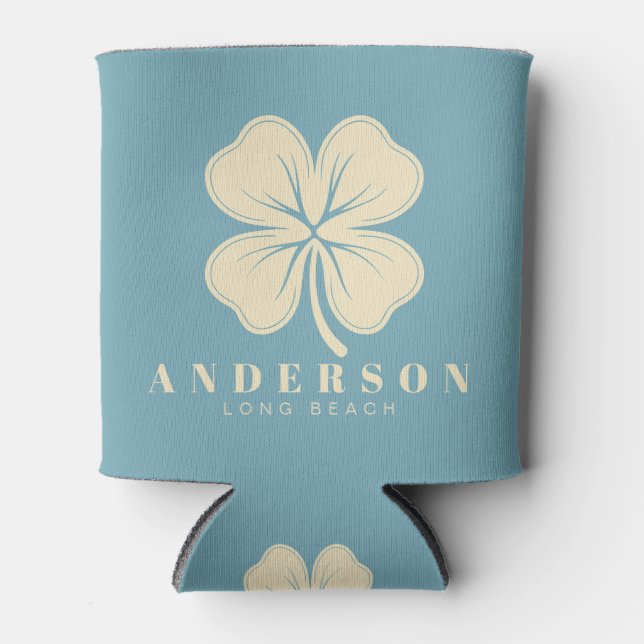 Warm Aqua Afternoon Four Leaf Clover with Name Can Cooler (Front)