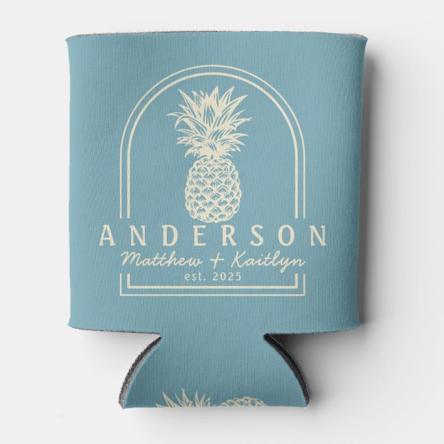 Warm Aqua Afternoon Pineapple Wedding Arch & Name Can Cooler (Front)
