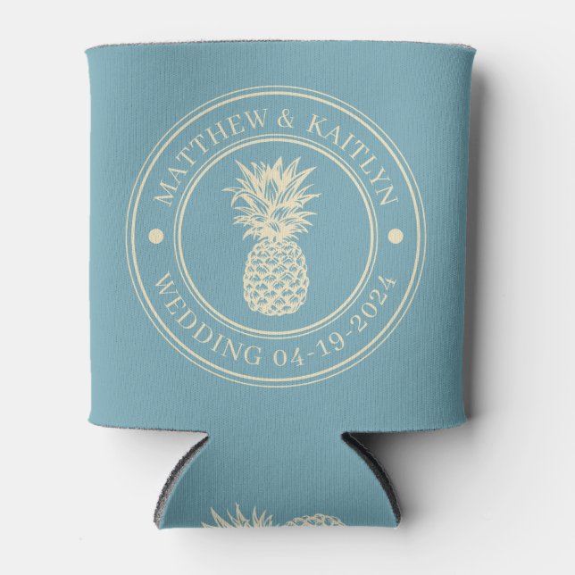 Warm Aqua Afternoon Pineapple Wedding Crest & Name Can Cooler (Front)