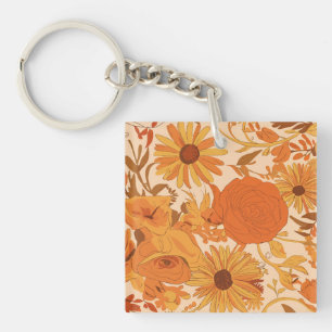 Warm Autumn Floral with Yellow and Orange Blossoms Key Ring