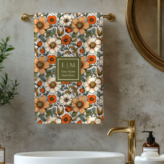 Warm Autumn Flowers Terracotta Rust Bath Towels 