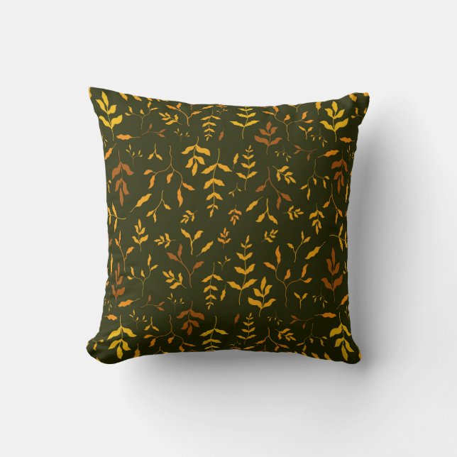 Warm Autumn Gold Leaves Dark Green Pattern Cushion (Front)