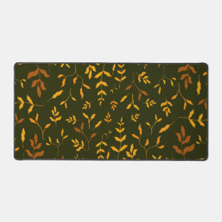 Warm Autumn Gold Leaves Dark Green Pattern Desk Mat