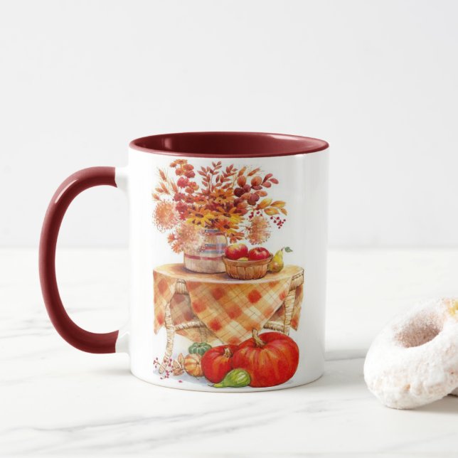 Warm Autumn Harvest Table Still Life Mug (With Donut)