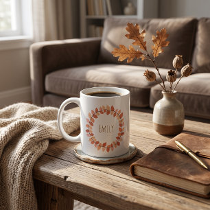Warm Autumn Leaf Wreath Name Design Coffee Mug