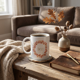 Warm Autumn Leaf Wreath Name Design Coffee Mug
