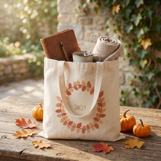 Warm Autumn Leaf Wreath Name Design Tote Bag