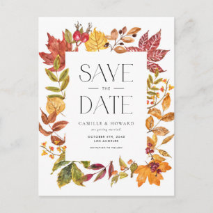 Warm Autumn Leaves Frame QR Code Save the Date Announcement Postcard