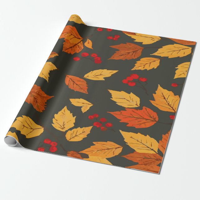 Warm Autumn Leaves Pattern on Dark Grey Background Wrapping Paper (Unrolled)