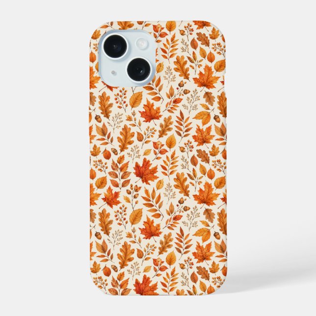 Warm Autumn Leaves Seamless Pattern iPhone 15 Case (Back)