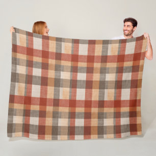 Warm Autumn Plaid Fabric Texture in Rust and Beige Fleece Blanket