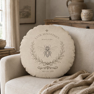 Warm Beige Bee Engraving French Country Rustic Round Cushion