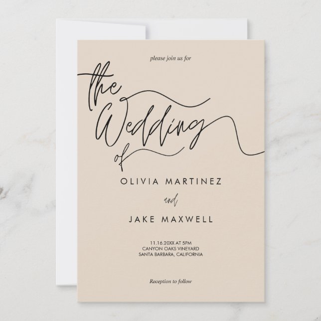 Warm Beige & Black Elegant Script Wedding  Invitation (Front)
