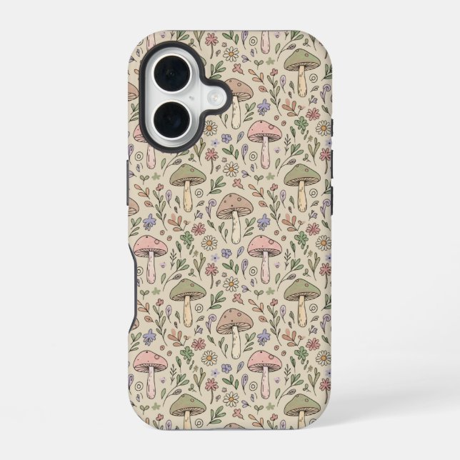 Warm Beige Fungi Seamless Pattern Neutral Boho iPhone 16 Case (Back)