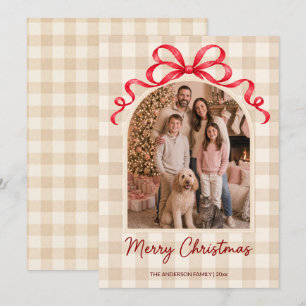 Warm Beige Gingham Red Ribbon Bow Family Photo Holiday Card