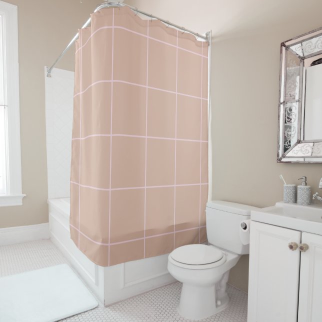 Warm Beige Grid Pattern Minimal Soft Check Design Shower Curtain (In Situ)