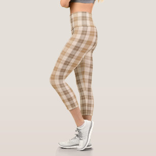 Warm Beige Plaid Linen Texture with Weaves Capri Leggings