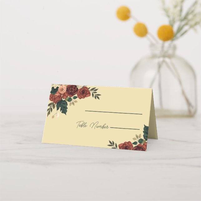 Warm Beige Romantic Floral Wedding Place Cards (Front)