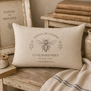 Warm Beige Vintage French Country Engraving Bee Lumbar Cushion