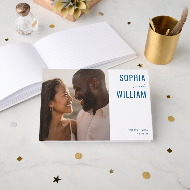 Warm Blue Minimalist Photo Collage Guest Book (Front Open)