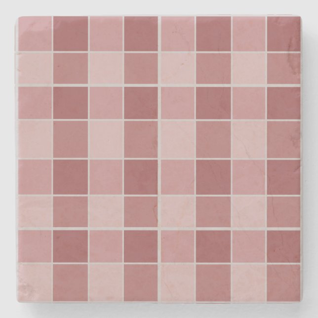Warm Blush Checkerboard Pattern Soft Pink & Terrac Stone Coaster (Front)