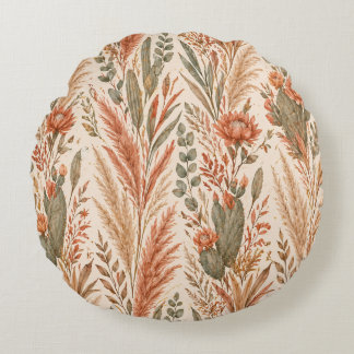 Warm Boho Botanical Terracotta Desert Flowers Round Cushion