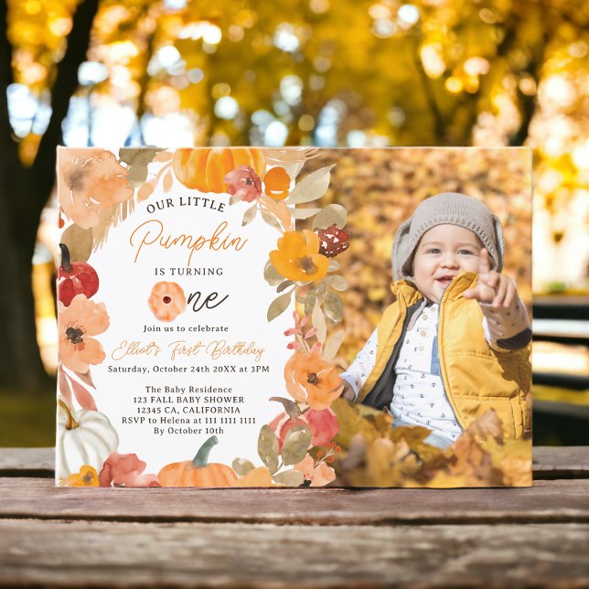 Warm Boho fall Little Pumpkin First Birthday photo Invitation (Warm Boho fall Little Pumpkin First Birthday photo Invitation)